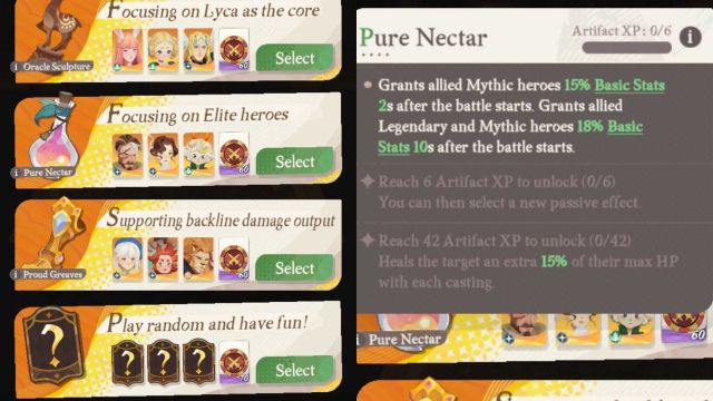 A split screen image showing the combo selection screen on the left and an artifact description on the right.
