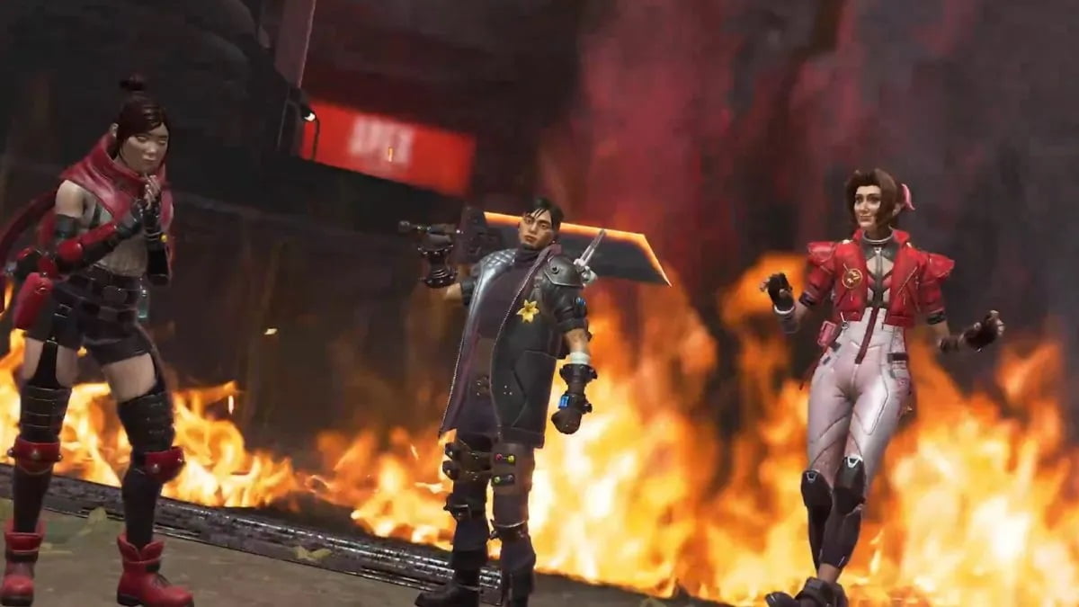 Apex Legends characters dressed as Final Fantasy 7 characters in front of fire