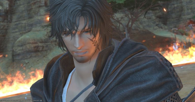 Clive Rosfield brooding in a burning field in Final Fantasy XIV.