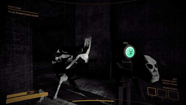 A player holding a skull with a monster behind them in Content Warning.