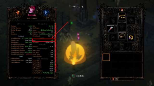 The inventory menu with the character stats and the Luck stat highlitghted in Death Must Die.