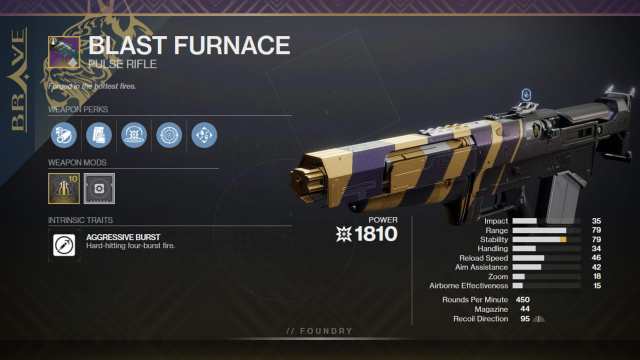 A graphic depicting Blast Furnace equipped with Kinetic Tremors and Frenzy.