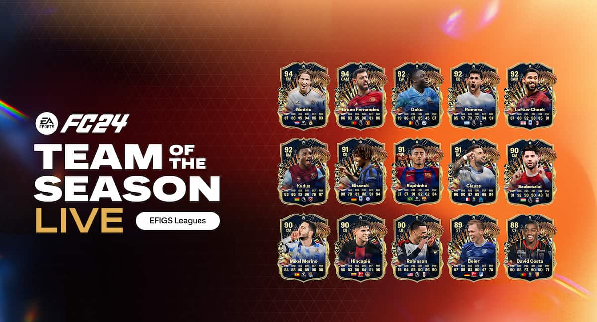 EA FC 24 TOTS Live EFIGS cards on a black-orange background.