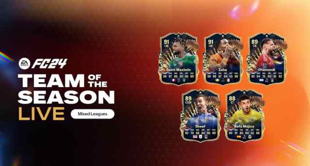 EA FC 24 TOTS Live Mixed Leagues cards on a black-orange background.