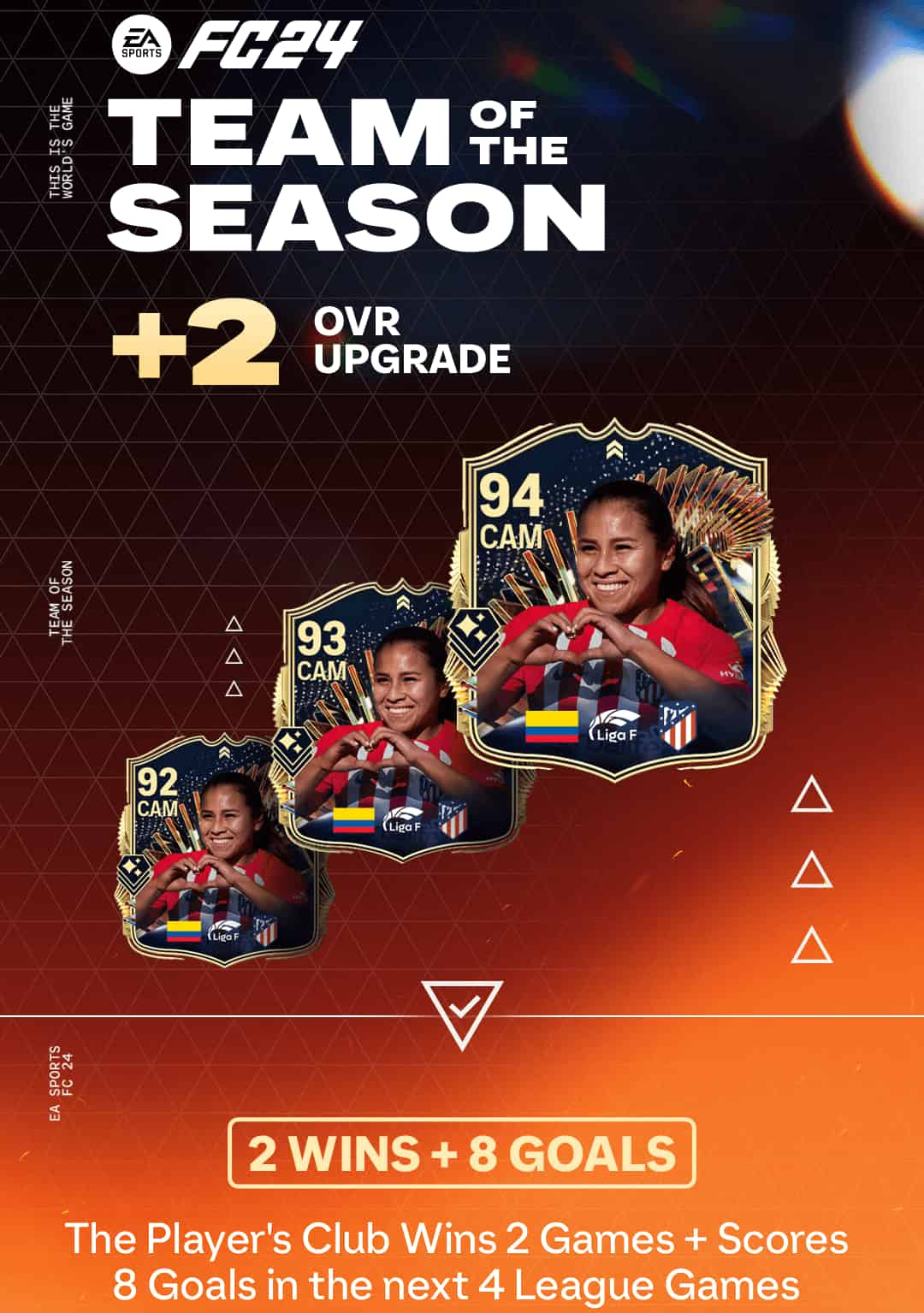 Three Leicy Santos EA FC 24 TOTS Live cards with upgrades on a blue-orange background.