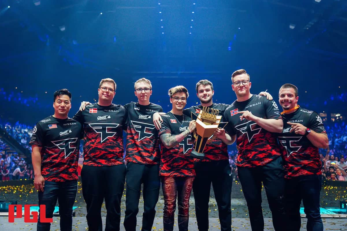 FaZe Clan celebrate with PGL Antwerp Major trophy.