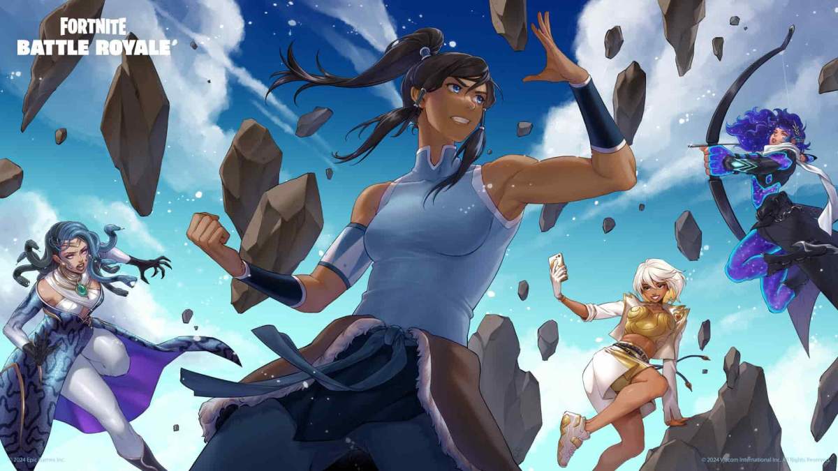 Korra standing around a host of flying rocks.