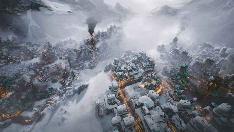 Snowy steampunk-ish lands of a cityscape from the upcoming game Frostpunk 2