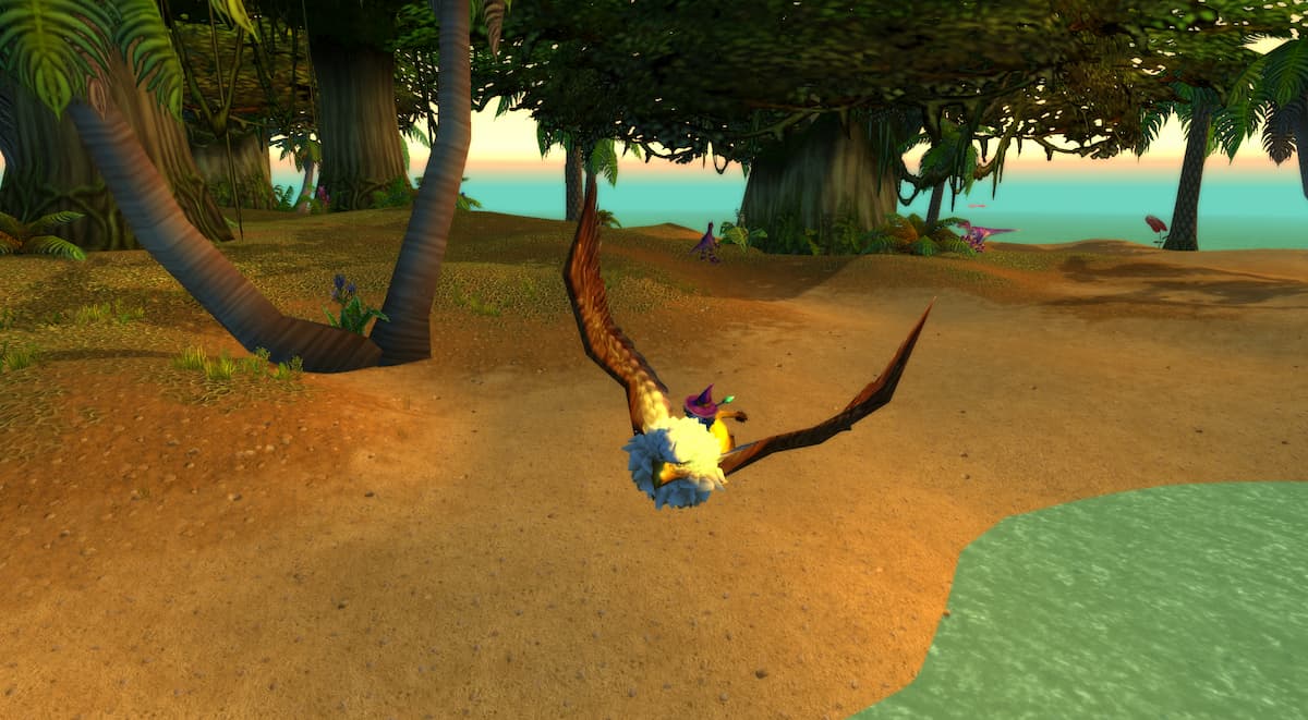 A gnome mage flying on a gryphon in Stranglethorn Vale in WoW Classic