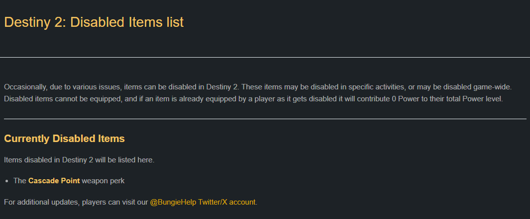 Destiny 2 Disabled Items list