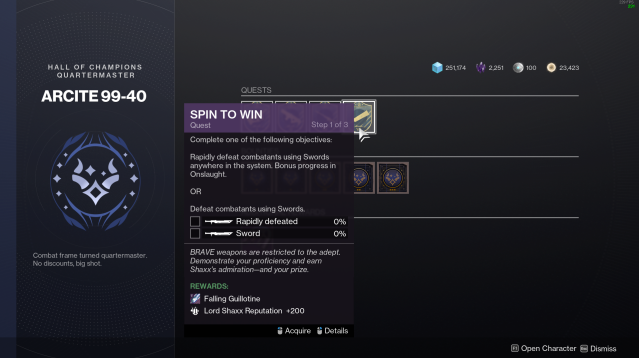 A screenshot of the Spin to Win quest for the BRAVE Falling Guillotine in Destiny 2.