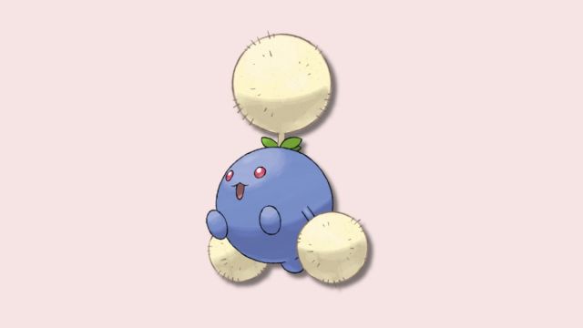 Jumpluff on a plain pink background.