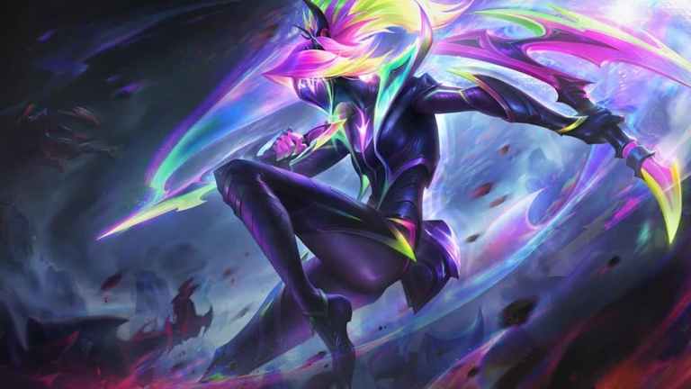 Empyrean Akali from League of Legends dashes across a rainbow landscape with her rainbow blades.