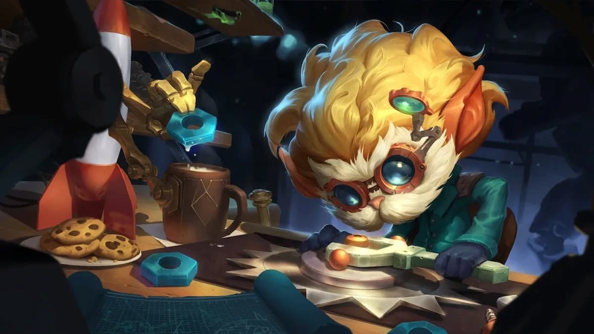 League of Legends champion Heimerdinger bends over a work station making a technological creation