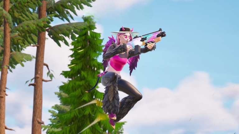 A player jumping and shooting using a ranged weapon in Fortnite.