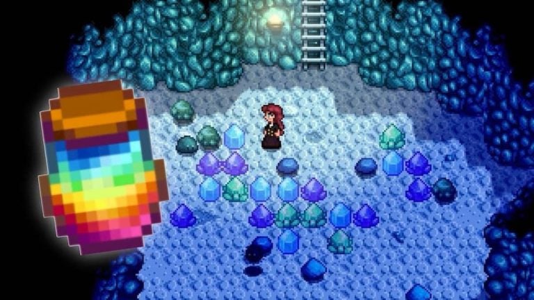 The player standing in the Mines by a Slime and some Prismatic Jelly in Stardew Valley.