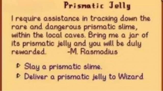 The description of the Prismatic Jelly request in Stardew Valley.