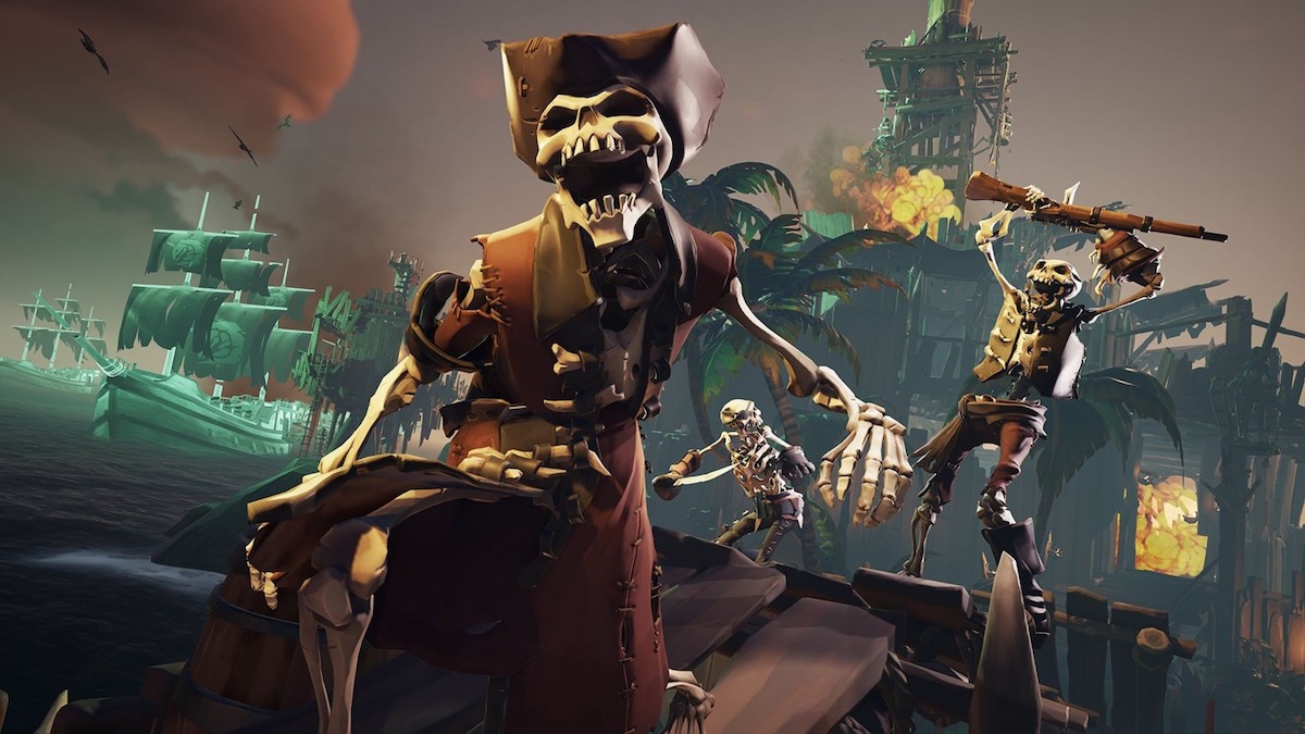 Three skeletons attack the camera in Sea of thieves