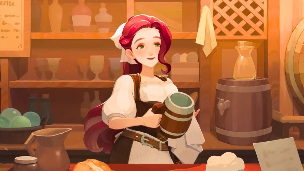 girl in a tavern serving a drink in afk journey