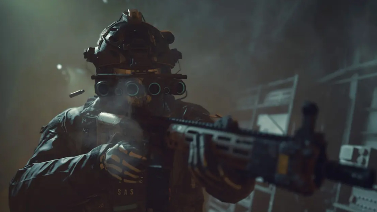 Call of Duty character holding a rifle, wearing night vision goggles.