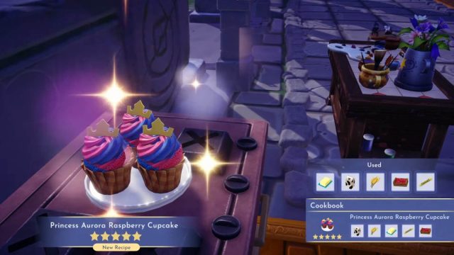 The Princess Aurora Raspberry Cupcake in Disney Dreamlight Valley.