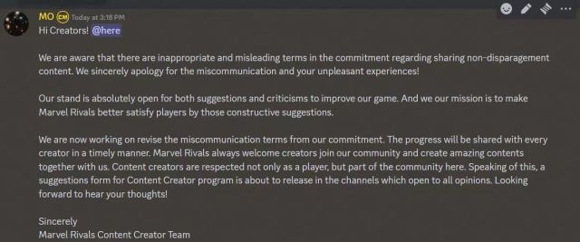 A screenshot of a statement from NetEase about Marvel Rivals.