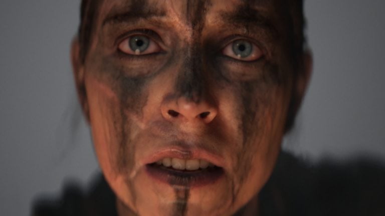 A close up of a woman's face in Hellblade 2