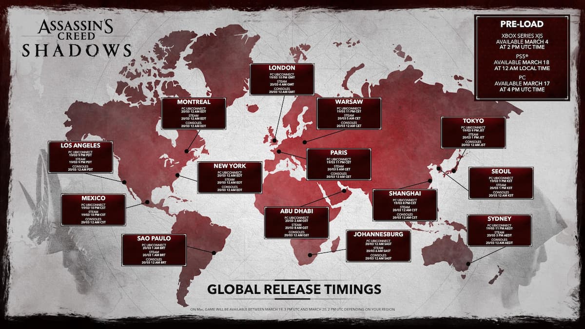 Assassin's Creed Shadows release dates