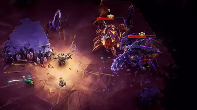 A Dwarf battles the new Twin Dreadnoughts boss in Deep Rock Survivors.