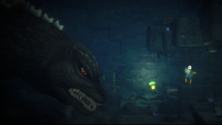 Dave the Diver confronting Godzilla in a cutscene.