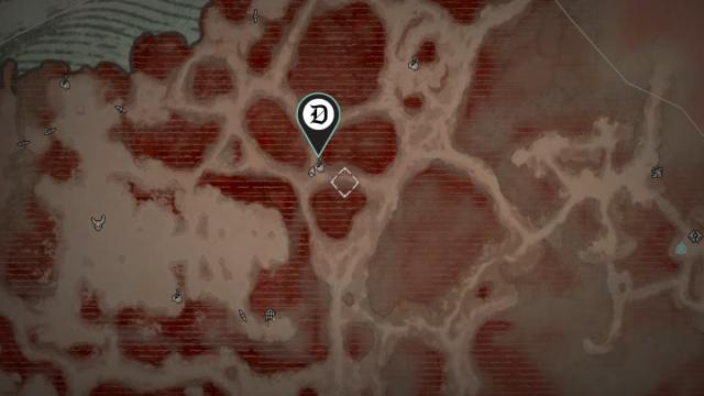 A close-up view of a Helltide in Diablo 4 with a Mystery Chest marked.