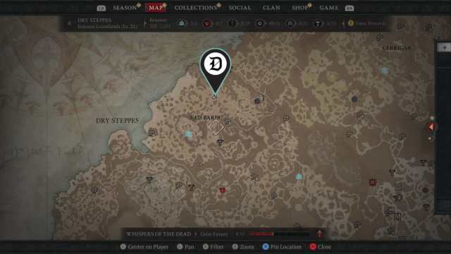 A screenshot of the Diablo 4 map with a location marked.