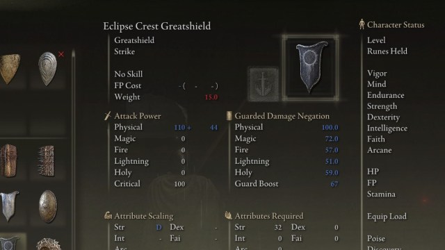 The Eclipse Crest Greatshield in the menus of Elden Ring.