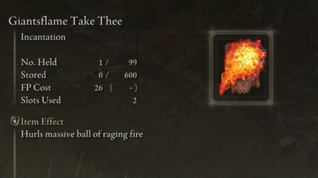 The Giantsflame Take Thee spell in the menus of Elden Ring.