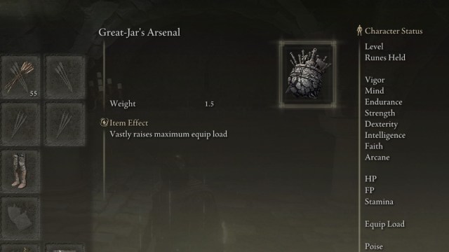 The Great Jar's Arsenal item in the menus of Elden Ring.