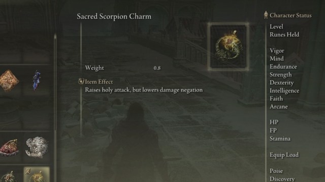 The Sacred Scorpion Charm in Elden Ring in the game's inventory screen.