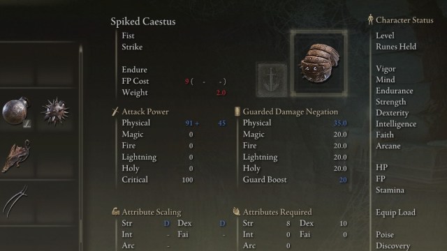 The Spiked Caestus item in the inventory of an Elden Ring character.