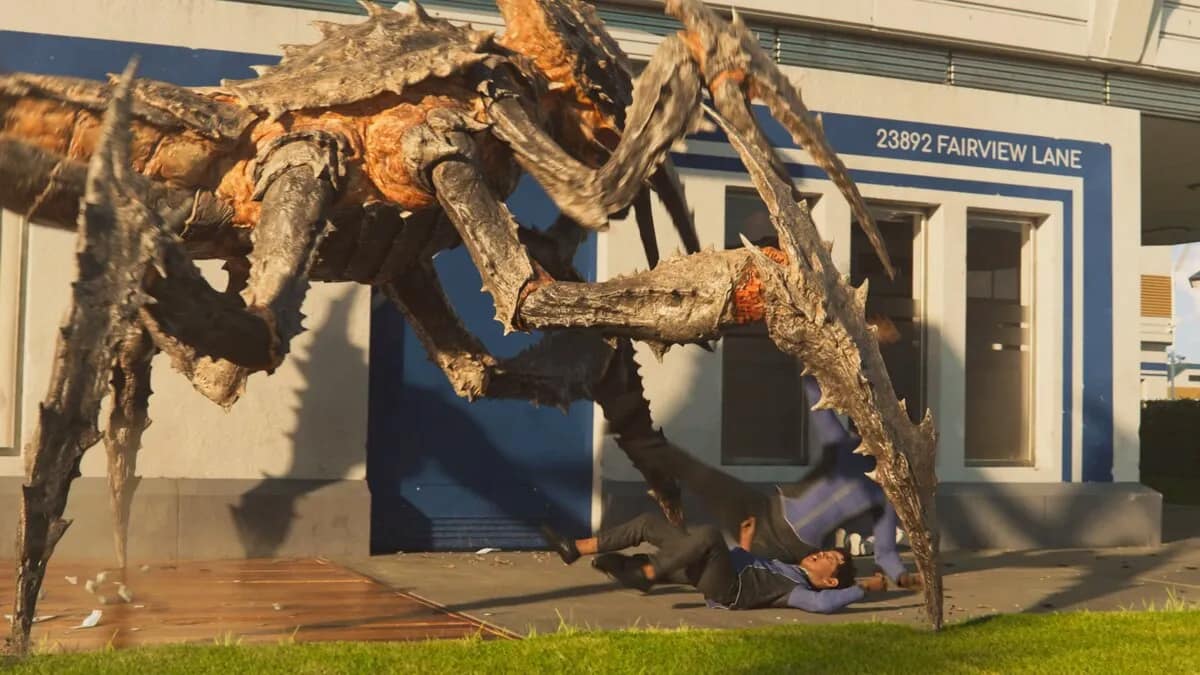 Terminid attacking a mother and son in Helldivers 2 opening