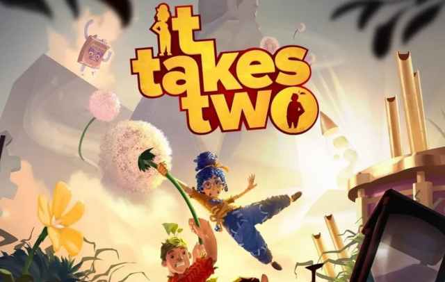 Cover image of It Takes Two, showing a male and female figure being blown away by a dandelion
