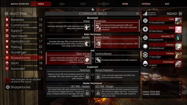 Sharpshooter Perks menu in Killing Floor 2.