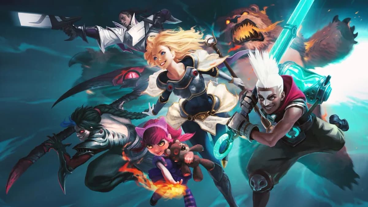 League of Legends splash art featuring Annie, Lux, Ekko, Lucian, and Kayn.