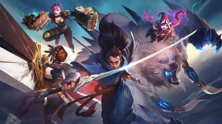 League of Legends splash art featuring Yasuo, Volibear, Senna, Vi, and Lulu.