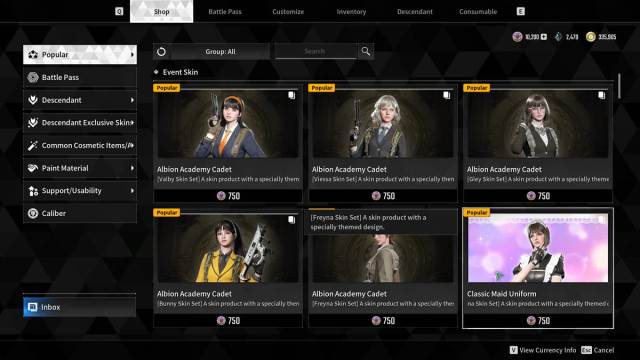 The First Descendant Premium store showing various premium costumes