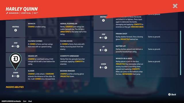 Harley Quinn's control page in MultiVersus.