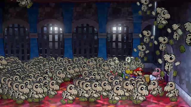 Mario hammering Dry Bones in Paper Mario: The Thousand-Year Door