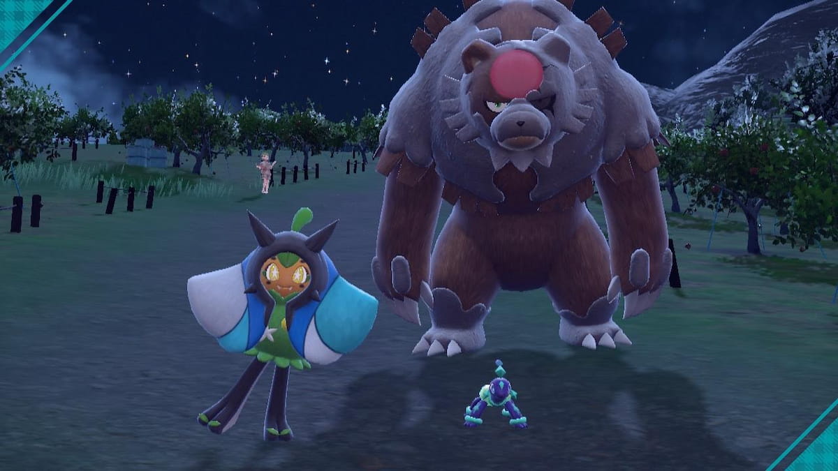 Bloodmoon Ursaluna, Ogerpon, and Terapagos taking a photo together in Pokémon Scarlet and Violet.