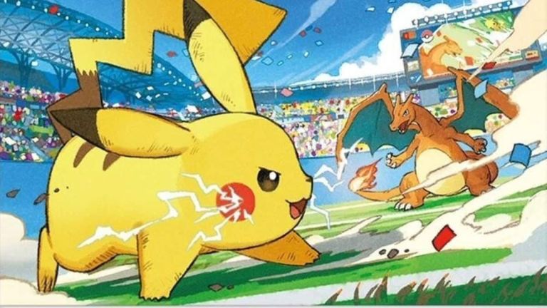 Pikachu and Charizard facing off in an arena.