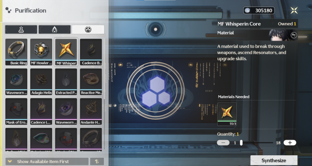 Synthesizer screen for MF Whisperin Core in Wuthering Waves