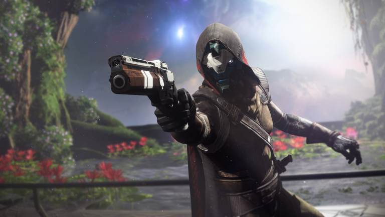 Cayde-6 pointing his Ace of Spades at the camera within the Pale Heart in Destiny 2