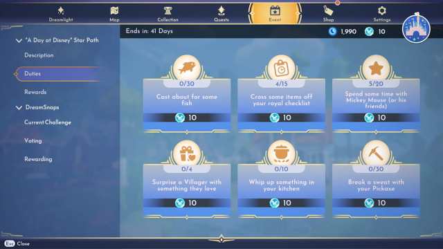 Some duties for the A Day At Disney Star Path in Disney Dreamlight Valley.